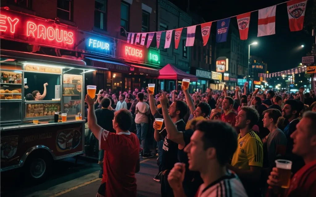 街区酒吧外的线下观赛派对，霓虹灯与夏夜人群，穿球衣的人们举杯欢呼