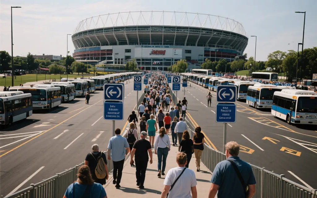 比赛日人流与接驳动线示意：球场外步行与交通组织